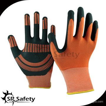 Nylon calibre 15 y nylon spandex recubierto negro de alta tecnología espuma de nitrilo guantes, naranja naranja puntos en la palma